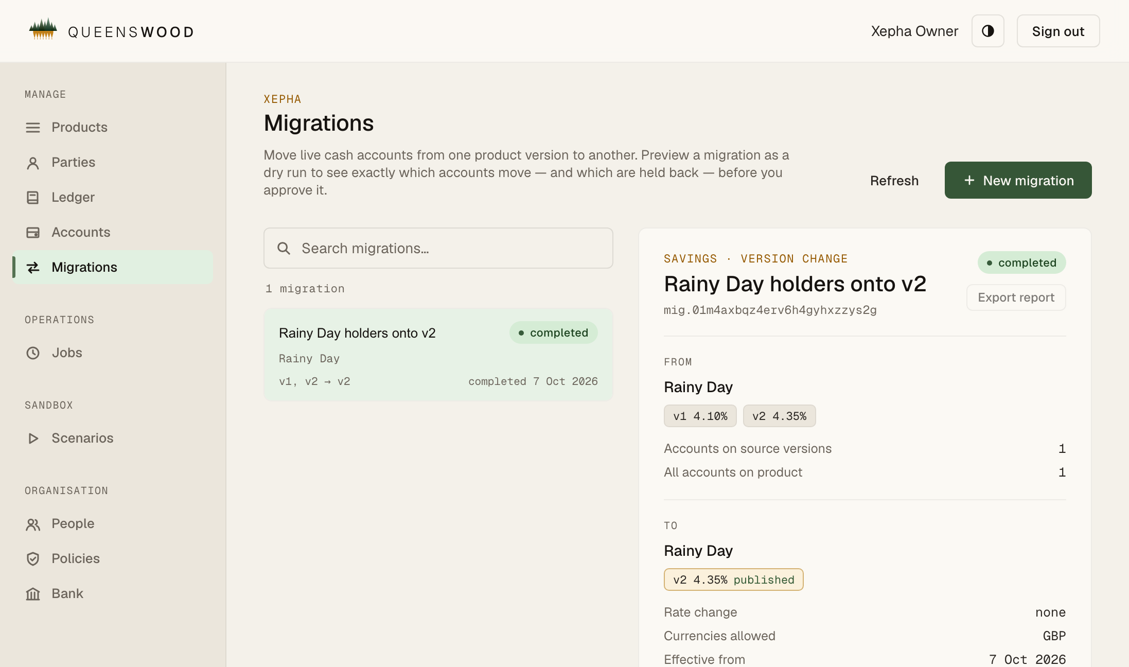 A migration moving holders onto a new product version, in the console